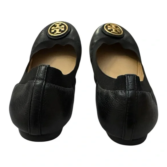 Tory Burch CAROLINE 2 Elastic/Leather Ballet Flats Gold Logo, black SIZE 8M - Picture 4 of 9
